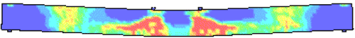 Figure 174. Illustration. Reinforced concrete damage fringe lowercase T equals 16 milliseconds (developer). This is a view of the damage fringes and erosion in the simulation of the reinforced beam tested in the drop tower facility. Damage fringes are concentrated in the central region, but also spread out and join those previously formed at one-fourth of the distance from each end of the beam. The beam is deflecting in flexure.