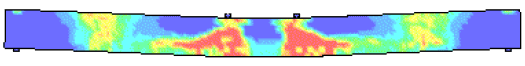 Figure 175. Illustration. Reinforced concrete damage fringe lowercase T equals 20 milliseconds (developer). This is a view of the damage fringes and erosion in the simulation of the reinforced beam tested in the drop tower facility. Damage fringes are concentrated in the central region, but also spread out and join those previously formed at one-fourth of the distance from each end of the beam. The beam is deflecting in flexure, but has started to rebound.