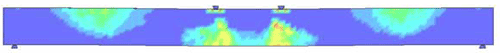 Figure 176. Illustration. Reinforced concrete damage fringe lowercase T equals 1 millisecond (user Linux). This is a view of the damage fringes and erosion in the simulation of the reinforced beam tested in the drop tower facility. Damage fringes are concentrated in the central region of impact, and at one-fourth of the distance from each end of the beam. The damage is nearly identical to that calculated by the developer.