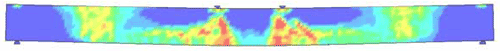 Figure 177. Illustration. Reinforced concrete damage fringe lowercase T equals 4 milliseconds (user Linux). This is a view of the damage fringes and erosion in the simulation of the reinforced beam tested in the drop tower facility. Damage fringes are concentrated in the central region, but also spread out and join those previously formed at one-fourth of the distance from each end of the beam. The damage is nearly identical to that calculated by the developer.