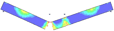 Figure 57. Illustration. This preliminary calculation demonstrates the formation of one primary crack.</strong> The computed damage, deflection, and erosion of one plain concrete beam are shown. Damage is one major crack beneath one impactor point, which breaks the beam into two major pieces. Fringes, without erosion, are also evident on the compressive face about one-fourth of the horizontal way from each beam end.