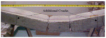 Figure 65. Photo. About half of the under-reinforced beam specimens exhibited cracks originating on the top of the specimen, and located halfway between the impactor points and ends of the beam. This is a photo of a under-reinforced post-test beam. It has been removed from the test fixture and is sitting on a saw horse. The main damage is two major cracks beneath the impactor points, which separates the beam into three pieces. Secondary damage is located about one-fourth of the way from each end, in the form of a thin tensile crack extending through the depth of the beam.