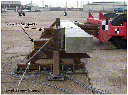 Figure 68. Photo. The beam rests on greased supports, and reacts against two load frames. This photo is a side view of the beam. It is resting on greased steel supports. The load frame supports with the round steel bars are visible in the foreground. Cables extend from the diagonal load frame support where a strain gage is attached. Cables also extend from the compressive face of the beam, and pop out of the top of the beam from the rebar. Also shown is the front of the bogie vehicle. It shows the round steel impactors back to the front tires.