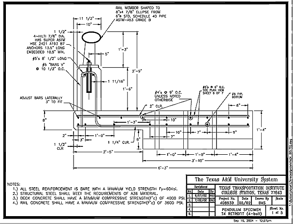 Figure 83. Illustration. Details of T4 rail with four-bolt anchorage and 254-millimeter- (10-inch-) wide parapet. This is a blueprint showing the reinforcement details and geometry of the bridge rail and parapet. The rail is shaped to an ellipse from schedule 40 pipe. It is attached to the parapet with four hilti bolts. The width of the top of the parapet is 254 millimeters.