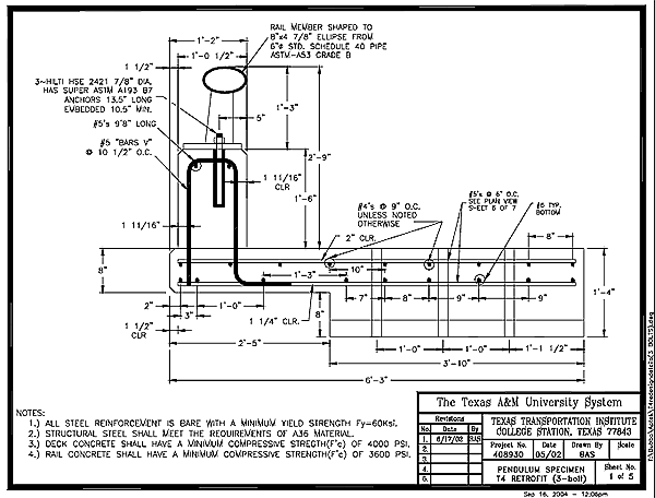Figure 84. Illustration. Details of T4 rail with three-bolt anchorage and 317.5-millimeter- (12.5-inch-) wide parapet. This is a blueprint showing the reinforcement details and geometrty of the bridge rail and parapet. The rail is shaped to an ellipse from schedule 40 pipe. It is attached to the parapet with four hilti bolts. The width of the top of the parapet is 317.5 millimeters.