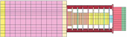 Figure 92. Illustration. Original pendulum model</strong>. This is a view of the pendulum mesh from the top. It shows that the ten honeycomb stages are distinctly modeled as hex elements.