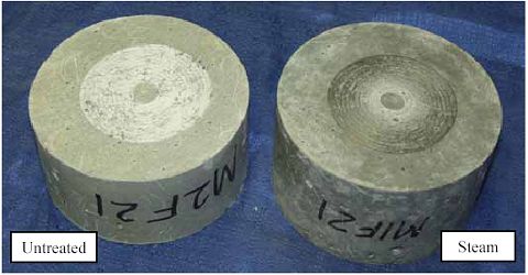 This photo shows two U H P C cylinders after undergoing A S T M C944 abrasion testing. There is a clear difference between the cylinders, as the untreated cylinder shows greater surface loss while the steam-treated cylinder shows minor surface abrasion.