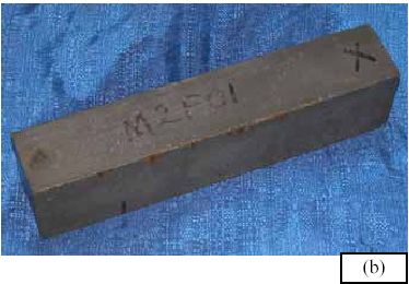 (a) shows an untreated prism before freeze/thaw testing. (b) shows the same prism after 564 cycles of freeze/thaw testing.