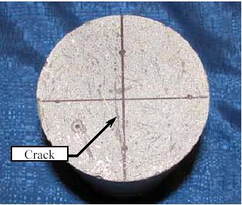 Crack in a split-cylinder tensile specimen. This photo shows the ground end of a 102-millimeter diameter cylinder after it has been cracked during a split-cylinder test. A volatile penetrant has been applied to the surface so that the crack would become visible. In the photo, the crack parallels the vertical diameter on the left side of said diameter.