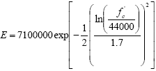 Uppercase E equals 7,100,000 times e x p of the quantity minus 0.5 times the quantity the quantity natural log of the quantity lowercase f subscript lowercase c prime divided by 44,000 end quantity end quantity divided by 1.7 end quantity raised to the power of 2 end quantity.