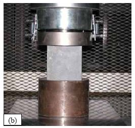 (a) shows a 76-millimeter diameter cylinder being tested in a compression testing machine. (b) shows a 100-millimeter cube being tested in a compression testing machine.