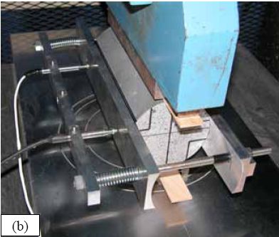 Photos. Split-cylinder tensile test including (a) standard test setup, (b) lateral expansion measuring apparatus, and (c) U H P C cylinder during test. (a) shows the placement of the cylinder into the testing machine. (b) shows the lateral displacement measurement device. (c) shows the testing of the cylinder with the lateral displacement being measured.