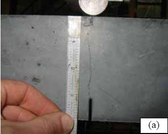 Prism M1P00 after (a) 86 millimeters (3.6 inches) and (b) 98 millimeters (3.8 inches) of crack extension. (a) shows the extension of a crack to 86 millimeters from the bottom of the prism. (b) shows the same prism after the crack has extended to 98 millimeters from the bottom of the prism. Recall that this prism is only 102 millimeters deep.