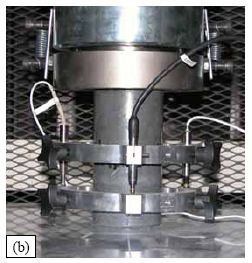 (a) shows the modulus ring attachment on a 76-millimeter diameter cylinder before testing. One ring holds three L V D Ts, and the other provides a stable platform on which the L V D Ts can bear. (b) shows the rings attached to a 76-millimeter diameter cylinder while the cylinder is being tested in compression. 