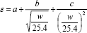 Figure 57. Equation. Strain as a function of crack spacing. Epsilon equals a plus b divided by the quantity the quantity w divided by 25.4 end quantity raised to the 0.5 power end quantity plus c divided by the quantity the quantity w divided by 25.4 end quantity squared end quantity.