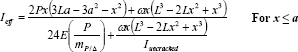 Figure 59. Equation. Relationship between the vertical deflection of a girder and its effective moment of inertia.	 Uppercase I subscript eff equals the quantity 2 times uppercase P times lowercase x times the quantity 3 times uppercase L times lowercase a minus 3 times lowercase a squared minus lowercase x squared end quantity plus omega times lowercase x times the quantity L raised to the third minus 2 times uppercase L times lowercase x plus lowercase x raised to the third end quantity end quantity divided by the quantity 24 times uppercase E times the quantity uppercase P divided by lowercase m subscript uppercase P divided by capital delta end quantity plus the quantity omega times lowercase x times the quantity uppercase L raised to the third minus 2 times uppercase L times lowercase x squared plus lowercase x raised to the third end quantity end quantity divided by uppercase I subscript uncracked end quantity for any lowercase x less than or equal to lowercase a.