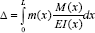 Figure 61. Equation. Virtual work relationship between applied moment and deflection. Capital delta equals the integral calculated from 0 to L of the function lowercase m of lowercase x times the quantity uppercase M of lowercase x divided by uppercase E I of lowercase x end quantity lowercase d x.