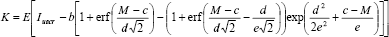 Figure 62. Equation. Cross-sectional flexural stiffness as a function of applied moment. K equals E times the quantity I subscript uncr minus b times the quantity 1 plus error function of the quantity the quantity M minus c end quantity divided by the quantity d times the square root of 2 end quantity end quantity minus the quantity 1 plus the error function of the quantity the quantity the quantity M minus c end quantity divided by the quantity d times the square root of 2 end quantity end quantity minus the quantity d divided by the quantity e times the square root of 2 end quantity end quantity end quantity end quantity times the exponential function of the quantity the quantity d squared divided by the quantity 2 times e squared end quantity end quantity plus the quantity c minus M end quantity divided by e end quantity end quantity end quantity with K equals the flexural stiffness of the girder cross section in kilonewton-meters squared, M equals the live plus dead load moment on girder cross section in kilonewton-meters, E equals 55.8 times 10 raised to the sixth kilonewtons divided by m squared, I subscript uncr equals 0.02181 m to the fourth, b equals 0.01255 m to the fourth, c equals 2,343 kilonewton-meters, d equals 65.9 kilonewtons-meters, and e equals 2,588 kilonewton-meters.