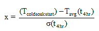 x equals T subscript cold soak start minus T subscript avg parenthesis small t subscript 4 hr over sigma parentheses small t subscript 4 hr over sigma 