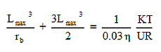 Equation 1.  Where r sub b equals radius of bubble; greek symbol nu equals coefficient of viscosity; K equals coefficient of permeability of the paste; T equals tensile strength of the paste; U equals quantity of water that freezes per degree drop in temperature; and R equals freezing rate, calculations are represented by the sum of L sub max to the power of 3 divided by r sub b and 3L sub max to the power of 3 divided by 2 equals 1 KT divided by 0.03 nu UR.