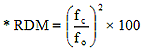 Equation 15. Where RDM equals relative dynamic modulus; f sub c equals resonant frequency after c freeze-thaw cycles; f sub 0 equals resonant frequency (at 0 freeze-thaw cycles).  Asterisk RDM equals f sub c divided by f sub 0 all to the power of 2 multiplied by 100.