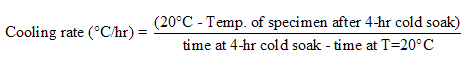 Equation 9.  Cooling rate (degrees Celsius per hour) equals (20 degrees Celsius minus temperature of specimen after 4-hour cold soak) divided by time at 4-hour cold soak divided by time at T equals 20 degrees Celsius.