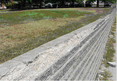 Figure 12. Photo. Typical deterioration of SRW blocks with scaling most pronounced for cap units.