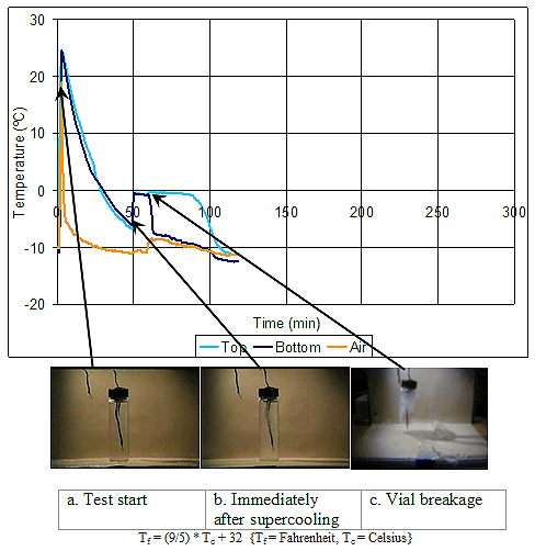 Figure 123. Graph and photos. Results for direct observation method of damage detection (for water). X-axis is time in minutes. Y-axis is temperature in degrees Celsius. The graph is explained in the paragraph on page 111.