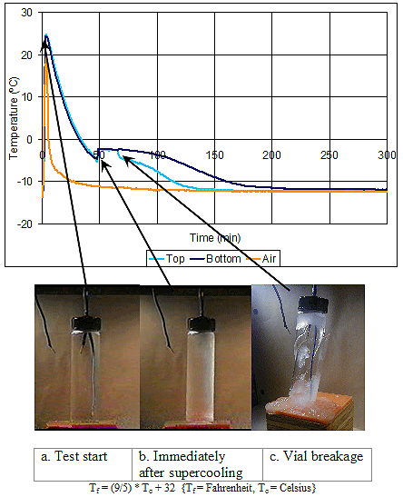 Figure 124. Graph and photos. Results for direct observation method on damage detection (for 3 percent N A C L). X-axis is time in minutes. Y-axis is temperature in degrees Celsius. The graph is explained in the paragraph on page 111.
