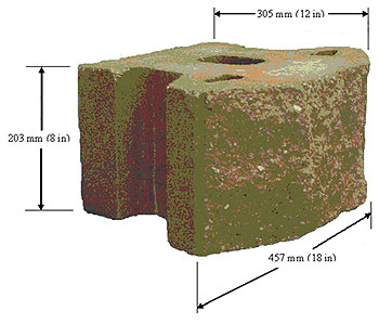 Figure 199. Photo. SRW block from manufacturer B. The photo shows the height, width, and length of the SRW block. Height at two hundred three millimeters, or eight inches, width at three hundred five millimeters, or twelve inches, and length at four hundred fifty seven millimeters, or eighteen inches.