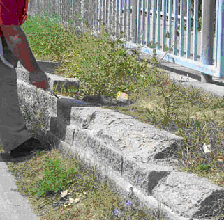 Figure 22. Photo. Blocks obtained from SRW in Wisconsin (WI-4). Picture shows individual pointing at the sample section of the wall.