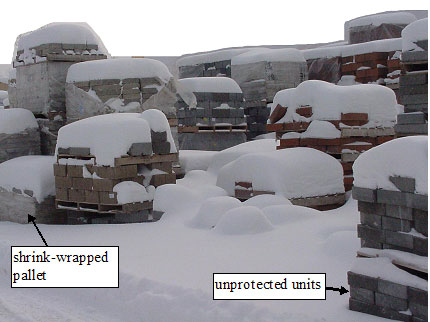 Figure 34. Photo. Possible exposure condition of units in winter weather. The picture shows a number of stacks of units, some in shrink wrap and some unprotected.