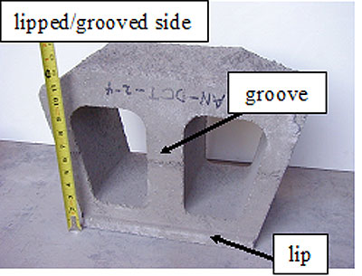 Figure 40. Drawing and photos. Sampling of test specimens from SRW units from different manufacturers. Drawing b shows the Lipped-grooved side of SRW units evaluated. It is a picture of a unit that is rounded on top with a hole on the left and a hole on the right. The picture has captions showing the groove, in the middle of the unit on the front side, and the lip of the unit, which is on the bottom.