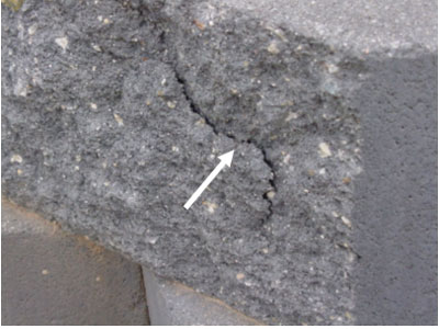 Figure 45. Photo. Sample B of split face delaminations on SRW units. Picture shows a large crack in the unit.