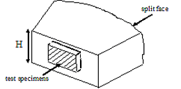 Figure 54. Drawing. Extraction of specimens from middle layer. The drawing is of an SRW block on its side. It has arrows pointing to the split face and test specimen.