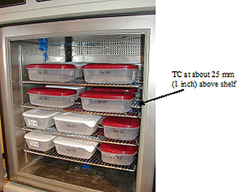 Figure 83. Photo. View of thermocouple (TC) placement with specimens in cabinet. The picture shows the inside of a freezer with 4 shelves and a caption pointing to the shelf stating, TC at about twenty-five millimeters, or one inch, above shelf.