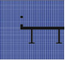 Figure 16. Diagram. Coarse meshes for STAR-CD® simulation. This diagram shows a truncated cross section of the six-girder bridge in black. The leading edge of the bridge including railing up to the second girder is shown on a blue background. A regular set of white gridlines is imposed over the background. It takes roughly three grid cells to add up to the roadway thickness.