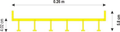 A cross section of a bridge deck with six thin I-shaped evenly-spaced girders is shown in yellow. The bridge deck has a height of 2.26 inches (5.8 cm) and a width of 0.85 ft (0.26 m). The road surface is slightly above the midpoint of the height, and two railings, one on each side, make up the rest of the height. The height from the bottom of the girders to the road surface is 1.57 inches (4.02 cm).