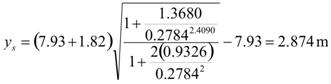 y subscript s equals the difference of the product of the sum of 7.93 plus 1.82 times the square root of the quotient of the sum of 1 plus the quotient of 1.3680 divided by 0.2784 raised to the 2.4090 power, that sum divided by the sum of 1 plus the quotient of the product 2 times 0.9326, that product divided 0.2784 squared, end quotient, that whole square root minus 7.93, which equals 9.427 ft (2.874 m).
