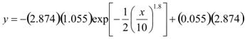 y equals the sum of the product of -2.874 times 1.055 times the base e raised to the power of the product of -1 divided by 2 times the quotient x divided by 10, that quotient raised to the 1.8 power, end power, that whole product plus the product of 0.055 times 2.874.