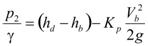 The quotient p subscript 2 divided by gamma equals the difference of the difference h subscript d minus h subscript b, that difference minus the product K subscript p times the quotient V subscript b squared divided by the product 2 times g.