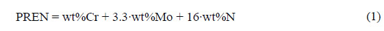 Equation 1. PREN. Uppercase PREN equals weight percent chromium (Cr) plus 3.3 times weight percent molybdenum (Mo) plus 16 times weight percent nitrogen (N)