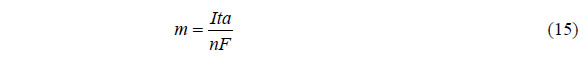 Equation 15. Faraday's law of electrolysis. m equals uppercase I times t times a divided by the quantity n times uppercase F.
