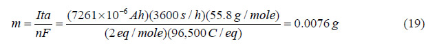 Equation 19. Calculate mass loss from integrated current using Faraday’s Law. m equals uppercase I times t times a divided by n times uppercase F equals the quantity 7,261 times 10 to the power minus 6 times uppercase A times h times 3,600 s per h times 55.8 g per mole closed quantity divided by the quantity 2 eq per mole times 96,500 uppercase C per eq close quantity equals 0.0076 g.