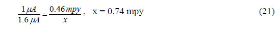 Equation 21. Convert sensor current to penetration. 1 microampere divided 
by 1.6 microamperes equals 0.46 mpy divided by x. Thus, x equals 0.74 mpy.