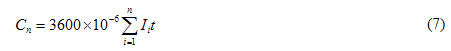 Equation 7. Cn. Uppercase C subscript n equals 3,600 times 10 to the -6 power summation sign from i equals 1 to n the quantity uppercase I subscript i times t closed quantity.