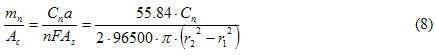 Equation 8. mn/Ac. The quantity m subscript n divided by uppercase A subscript c equals uppercase C subscript n times a divided by n times uppercase F times uppercase A subscript s equals 55.84 times uppercase C subscript n divided by 2 times 96,500 times pi times the quantity r subscript 2 squared minus r subscript 1 squared closed quantity.