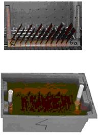 Figure 18. Photo. Specimens on holder rack and in soak tank.