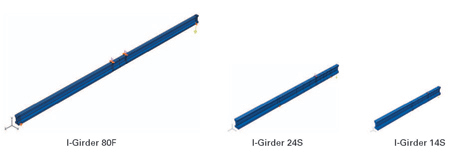 Figure 2. Illustration. 3-D Finite Element Models of I-Girders 80F, 24S, and 14S. This figure presents the three-dimensional (3-D) finite element models of three I-girders. The girder section used the American Association of State Highway Transportation Officials (AASHTO) Type II girder shape, which is 3 ft (0.91 m) deep and has a 12 inch (305 mm) wide top and an 18-inch (457 mm) wide bottom flange. The girder web is 15 inches (381 mm) deep and is 6 inches (152 mm) thick. The girder contains 26 0.5-inch, 270 ksi (12.7 mm, 1,862 MPa) low-relaxation prestressing strands. Twenty-four of these strands are located in the bottom flange, spaced in a grid pattern on 2-inch (51-mm) spacing. I-girder 80F is considered a simply supported flexure member with a span of 78.5 ft (24 m) and loaded symmetrically by two point loads each located 3 ft (0.914 m) from midspan. Tests on I-girders 24S and 14S focused on shear response of the same AASHTO shape and strand reinforcement. An I-girder 24S specimen with a span of 24 ft (7.3 m) was obtained from the east portion of the tested I-girder 80F specimen after the conclusion of the I girder 80F test. The I-girder 14S specimen was part of a 30-ft (9.2 m)-long girder and was tested on a span of 14 ft (4.3 m). All of the finite element models were built to replicate the tests.