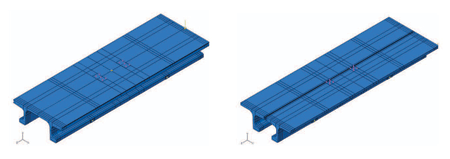 Figure 3. Illustration. 3-D Finite Element Models of Pi-Girder and Pi-Girder with Joint. This figure shows the three-dimensional (3-D) finite element models of a pi-girder and a pi-girder with joint. The pi-girder is 2.75 ft (0.84 m) deep, 8.33 ft (2.54 m) wide, 25 ft (7.6 m) long and can contain up to 16 prestressing strands in each bulb. The integral deck of the girder is 4.1 inches (104 mm) thick, and webs range from 3.2 to 3.5 inches (81 to 89 mm) thick. A 5.2-inch (132-mm)-deep shear key runs the length of each flange tip to allow for connection of the modular components. The girder was prestressed through the use of 0.6-inch, 270-ksi (15.2-mm, 1,862 MPa) low-relaxation prestressing strands. The girder contained 22 strands, with 9 strands in each of the two bulbs and 2 in the deck above each web. The strands in the bulbs were all stressed to 42.5 kips (189 kN), and the strands in the deck were each pulled to 5 kips (22 kN). The pi-girder test specimens each included two steel diaphragms within the span. The diaphragms are each located 6.33 ft (1.93 m) from midspan. A peak total load of 340 kips (1,512 kN) was applied vertically downward through two hydraulic jacks situated near midspan. In the test, loads were transmitted to the deck through two 10-by-20-inch (0.25-by-0.51-m) elastomeric pads located along the centerline of the girder and situated 2 ft (0.61 m) on either side of midspan. The pi-girder test focused on transverse flexure behavior of the pi-girder when subjected to loads applied between the girder's legs. The test on the pi-girder with a longitudinal joint was similar to the test on the pi-girder in many ways. The test specimen was created by saw-cutting the pi-girder specimen along the longitudinal center line after the conclusion of tests. A high-performance magnesium phosphate grout or field-cast UHPC was used to fill the longitudinal joint between the half-girders. The test on the pi-girder with joint focused on transverse flexural and shear behaviors of the pi-girder in presence of the longitudinal joint, a joint which would repeat itself between adjacent pi-girders in a bridge structure.